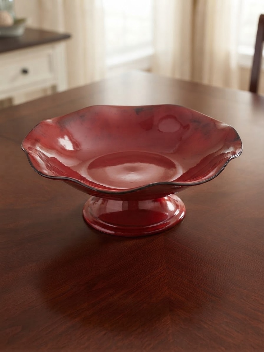 Crate & Barrel Red Ceramic Pedestal Scalloped Bowl Made In Italy